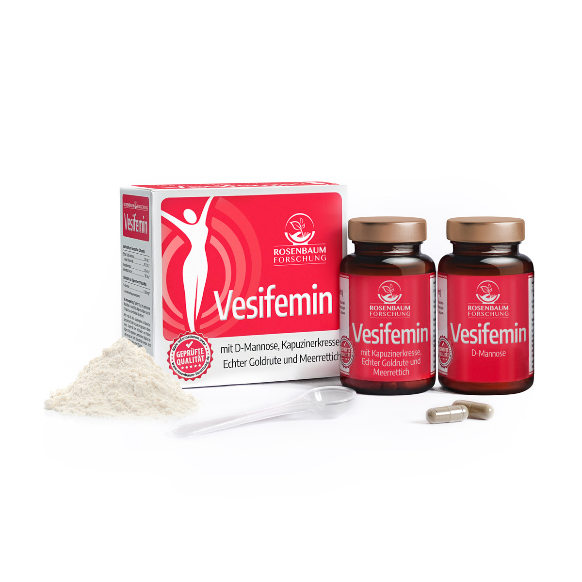 Vesifemin Vesifemin Packung: Schachtel mit 2 Vesifemin-Gläschen. 1 Gläschen gefüllt mit D-Mannose Pulver. Das zweiter Gläschen enthält Kapseln. Es liegt ein Messlöffel für das D-Mannose Pulver bei